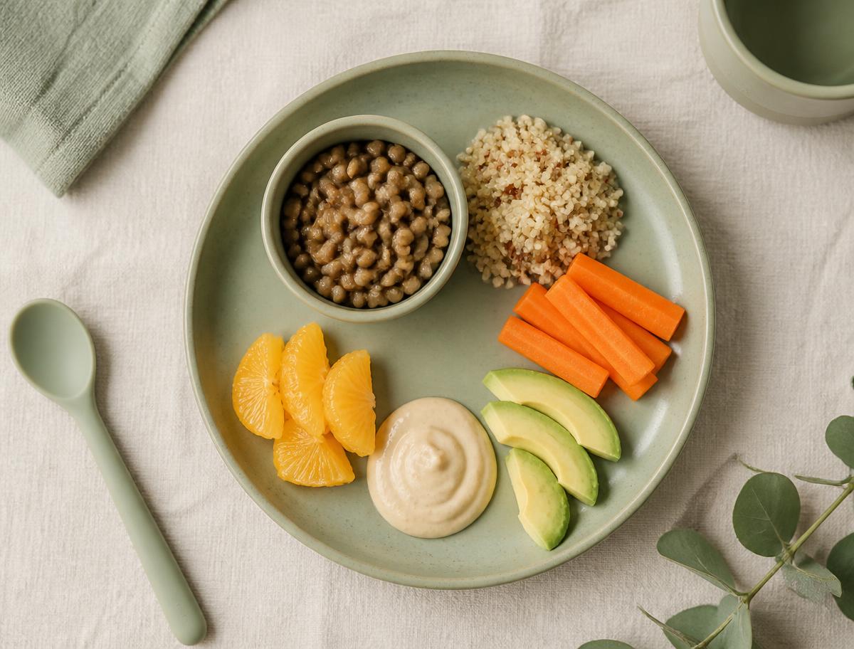 Prato vegetariano equilibrado para criança com lentilha, quinoa, cenoura, abacate e laranja